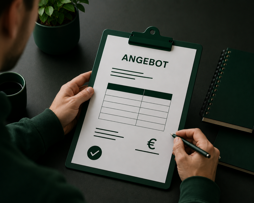 Person reviews a green clipboard with an 'ANGEBOT' offer form, price lines and a euro symbol on a dark desk.