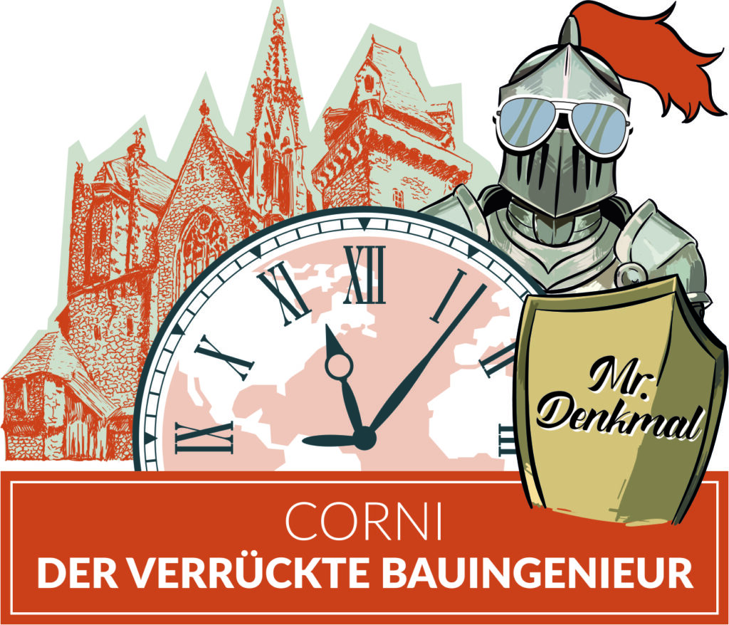 Unsere Partnernetzwerke | Rapid Rohr- und Kanaltechnik Cartoon knight with shield 'Mr. Denkmal' beside a large clock and red ruins; banner shows 'CORNI DER VERRÜCKTE BAUINGENIEUR'