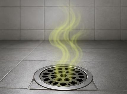 Floor drain in tiled bathroom with greenish wisps rising from the grate, suggesting fumes or smoke.