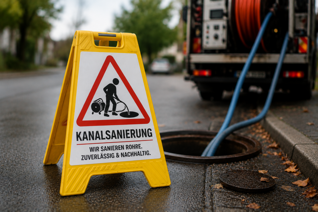 Absicherung einer Kanalsanierung mit geöffneter Schachtanlage und Spezialfahrzeug für die fachgerechte Sanierung von Kanalleitungen.