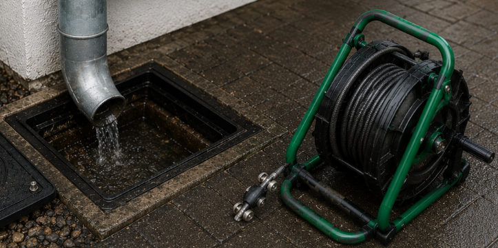 Revisionsschacht einer Regenwasserleitung mit einlaufendem Fallrohr und professioneller Ausrüstung zur Reinigung und Wartung von Entwässerungsleitungen.