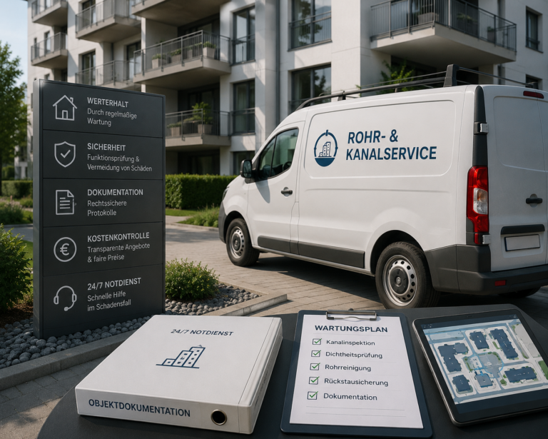 White van with 'ROHR- & KANALSERVICE' logo parked near a tall residential building; service signage visible beside it