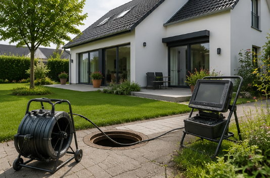 Backyard scene with an open manhole and sewer inspection equipment: a monitor on a wheeled stand connected to a coiled cable leading into the opening, beside a modern house.