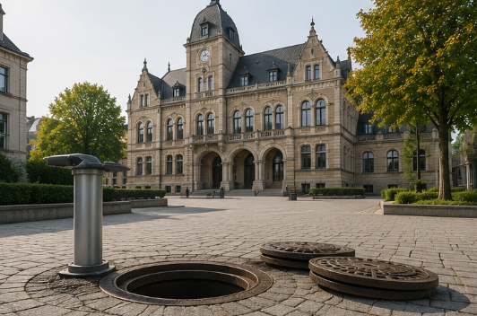 Stone town hall with clock tower in a tree-lined cobblestone square; open manhole covers in the foreground.