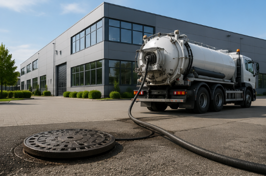 Vacuum truck connected to a manhole in a parking lot in front of a modern office building.