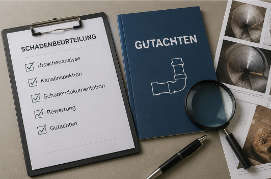 Clipboard with a damage assessment checklist in German, a blue notebook labeled 'Gutachten', a magnifying glass, a pen, and inspection photos.