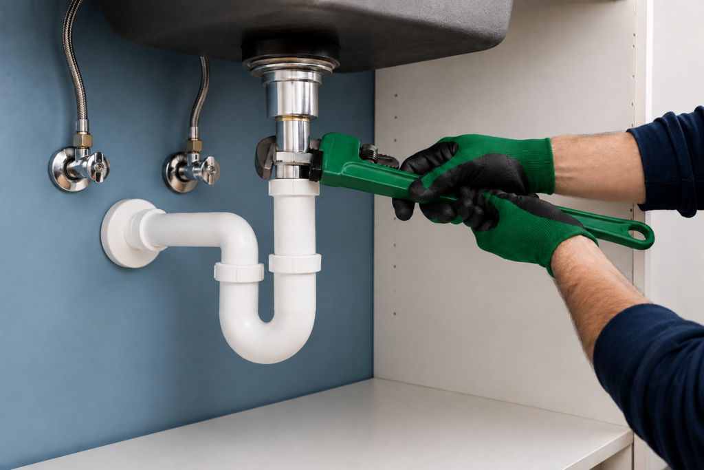 Fachgerechte Rohrreinigung am Siphon unter einem Waschbecken zur schnellen Beseitigung einer Verstopfung.