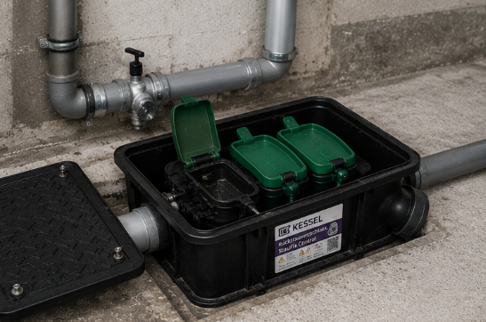 Plastic underground inspection chamber with three green access lids for a drainage/sewer system, connected to grey PVC pipes and a shutoff valve nearby.