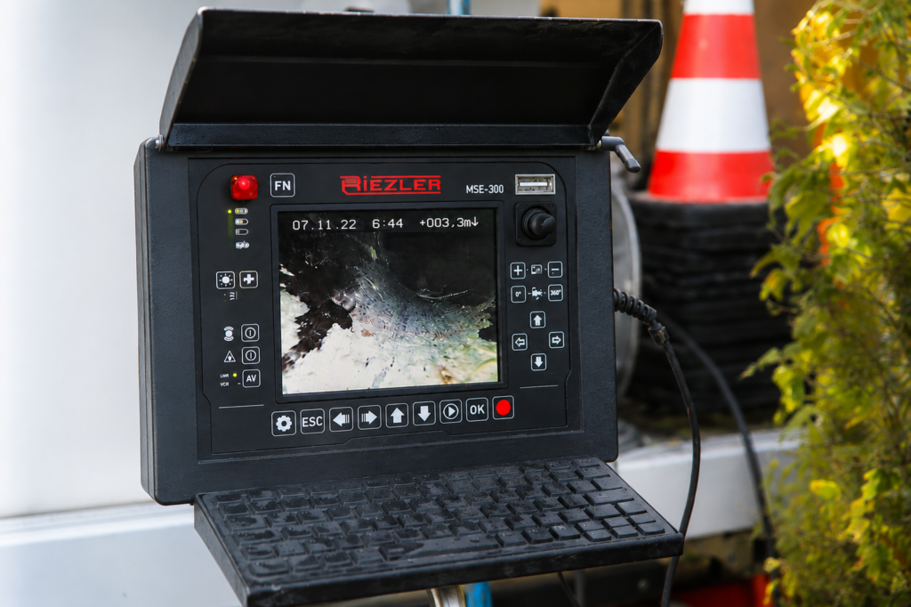 Wartungen | Rapid Rohr- und Kanaltechnik Monitor einer TV-Kamerainspektion zur Zustandsdokumentation von Rohr- und Kanalleitungen mit sichtbarer Kameraufnahme aus dem Inneren einer Leitung.